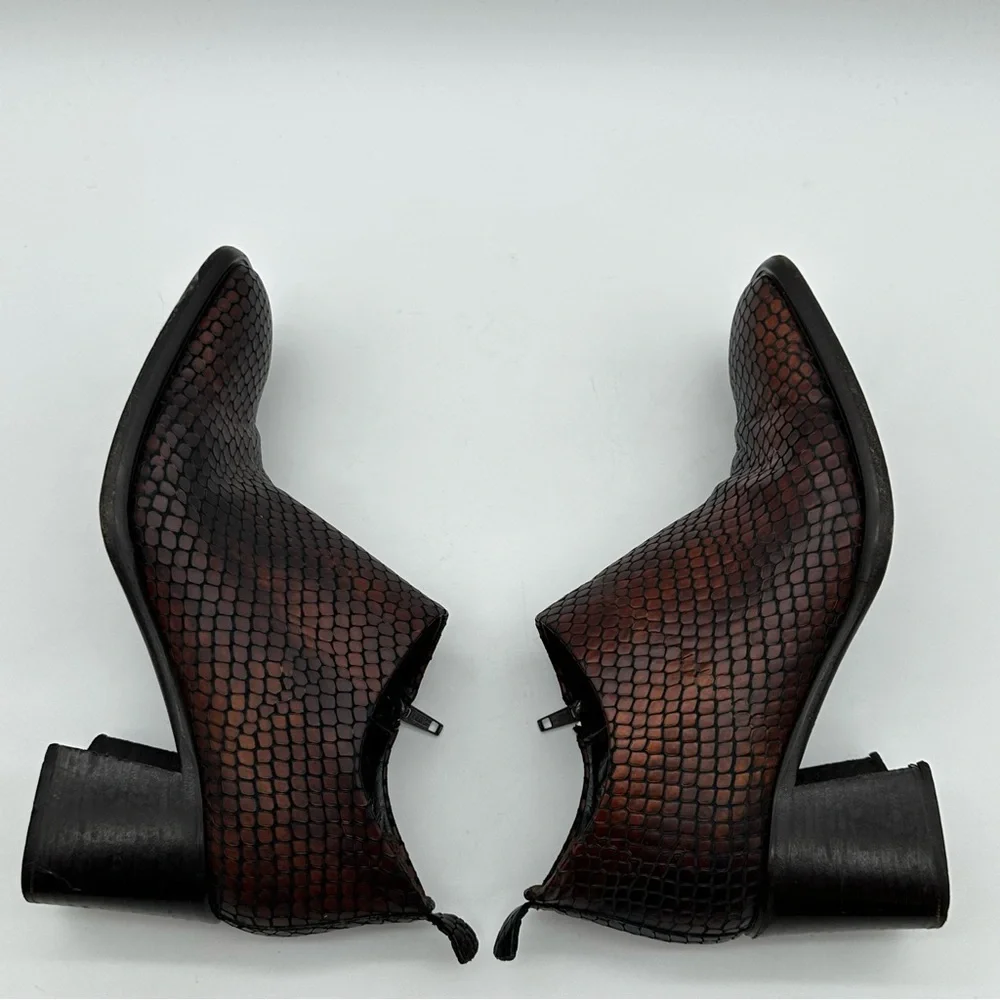 VS Dark Brown Leather Snakeskin Print Square Toe Block Heel Booties